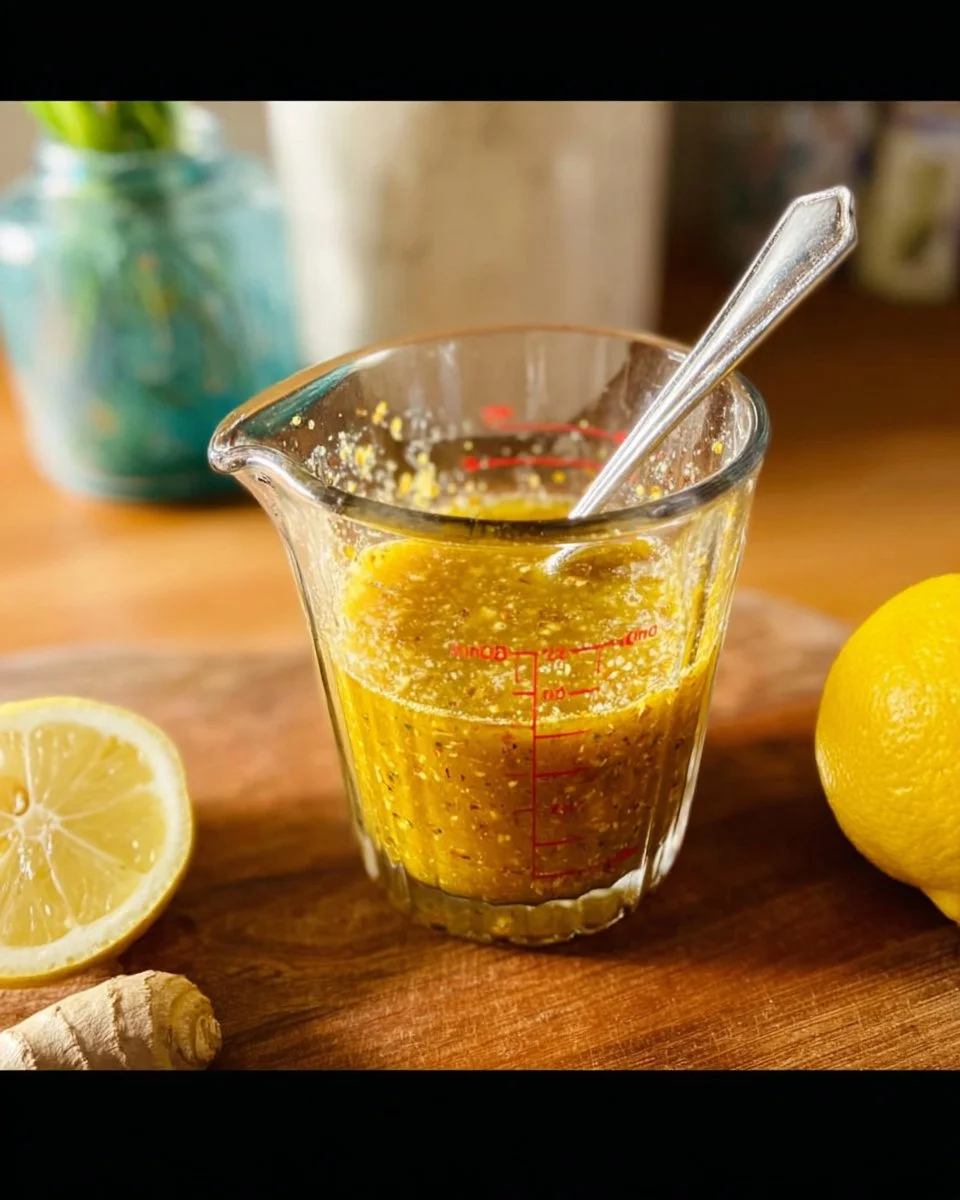 Fresh lemon ginger vinaigrette in a glass jar with salad ingredients
