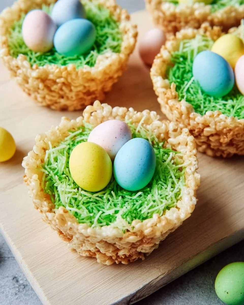Colorful Rice Krispie baskets filled with candy treats for festive occasions