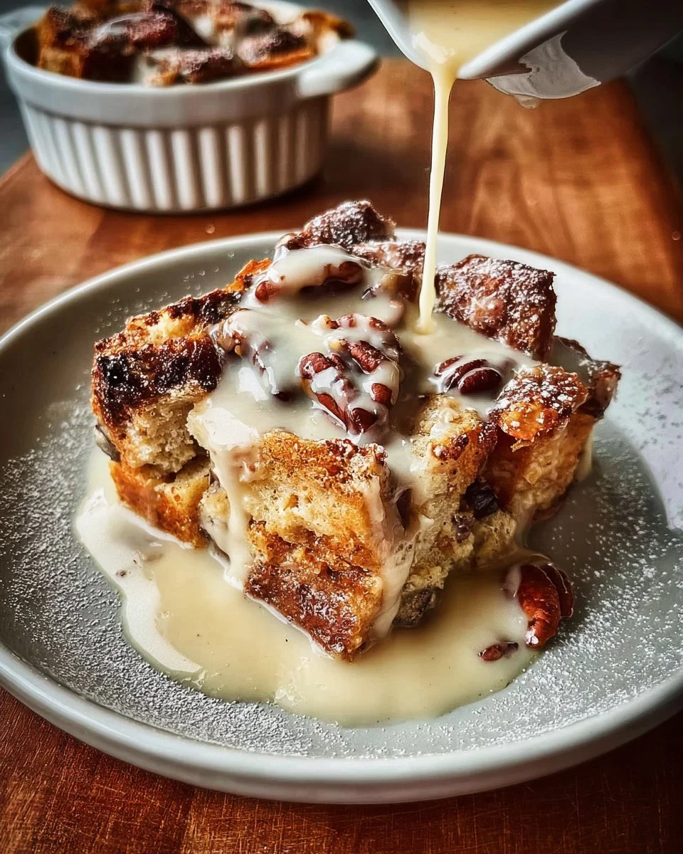 Delicious Espresso Orange Brioche Bread Pudding with Hazelnut Vanilla Sauce