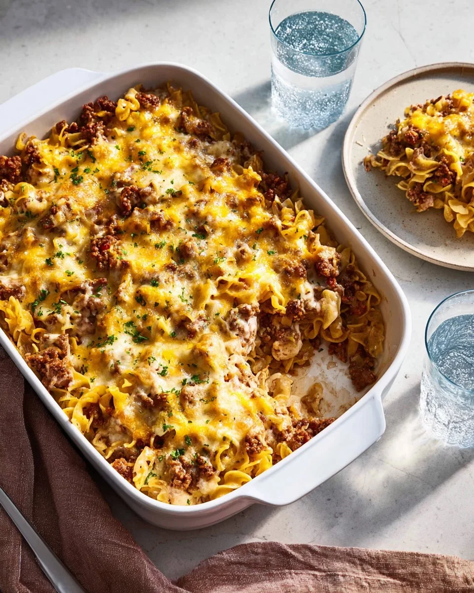 A delicious serving of Grandma's Hamburger Casserole topped with melted cheese