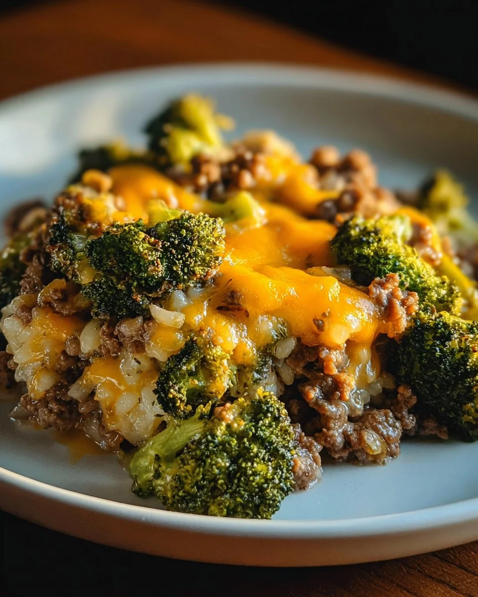 Ground beef and broccoli bake dish topped with cheese in a piping hot casserole dish.