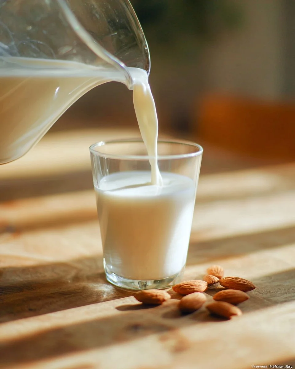 Homemade almond milk in a glass on a wooden table with almonds