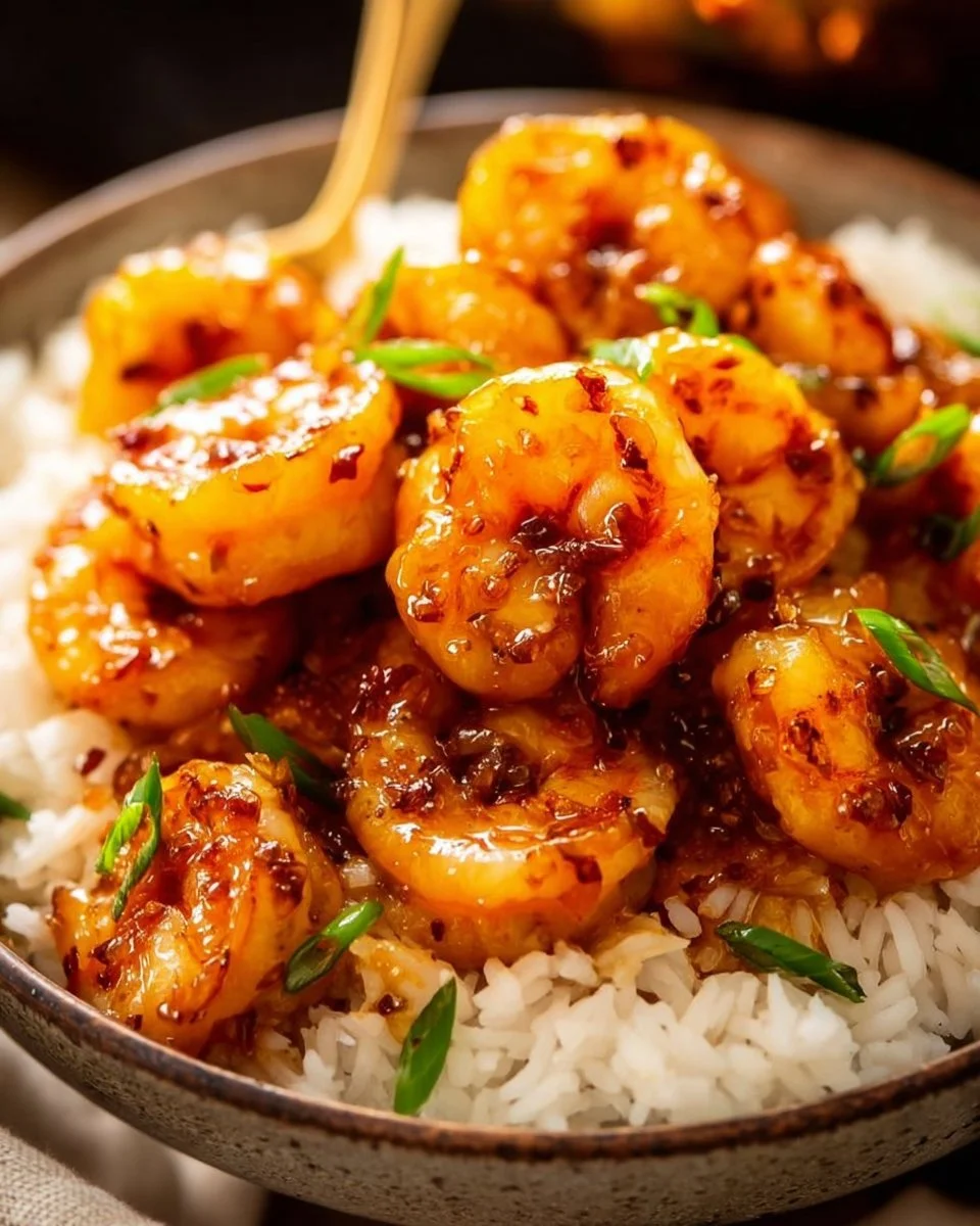 Delicious honey garlic shrimp served on a plate with garnish