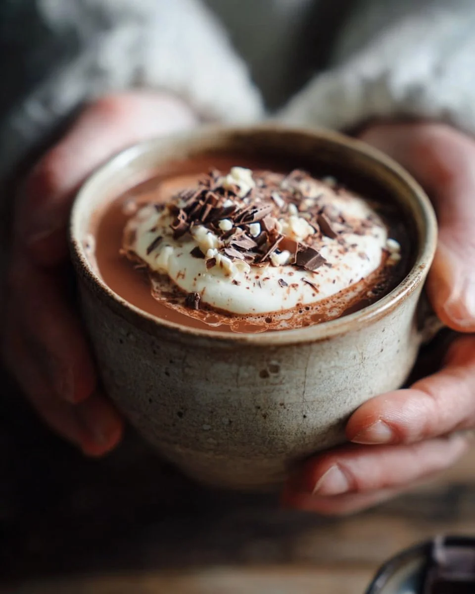 Delicious hot chocolate topped with whipped cream and chocolate shavings