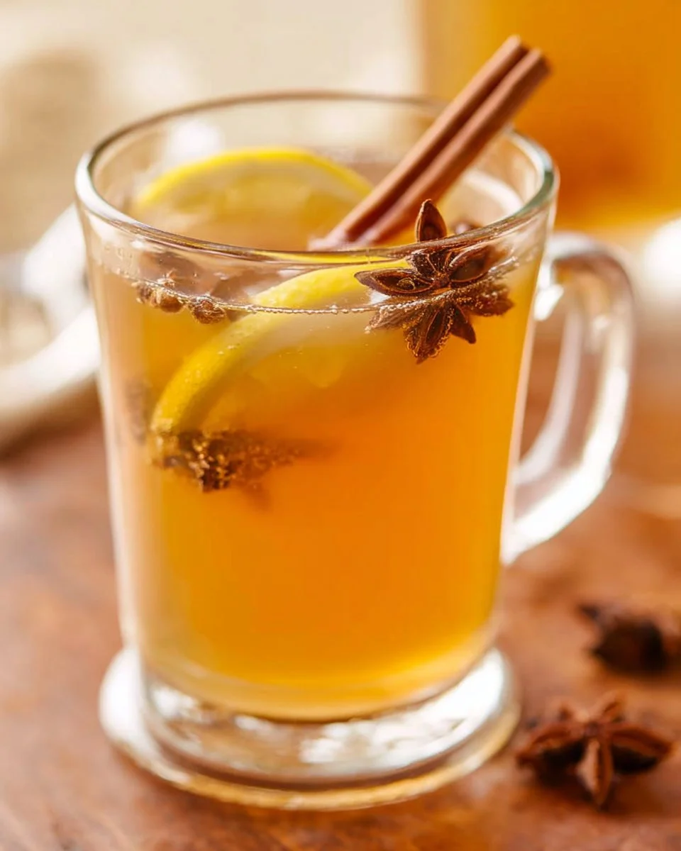 A cozy mug of hot whiskey lemonade garnished with lemon slices.