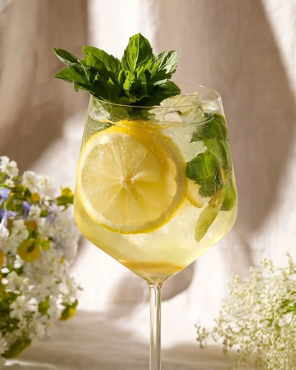 A refreshing Hugo Spritz mocktail garnished with mint and lime, perfect for summer.