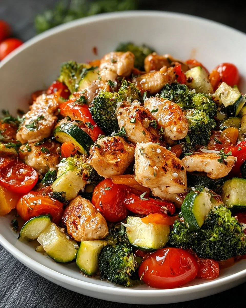 Loaded chicken and veggie skillet ready to serve.