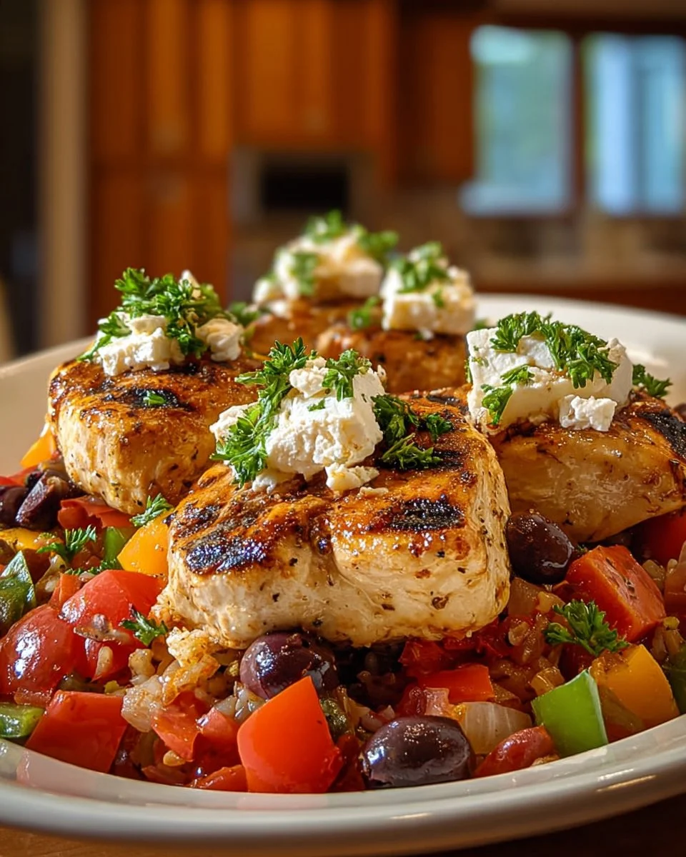 Mediterranean Chicken and Rice Casserole served in a dish