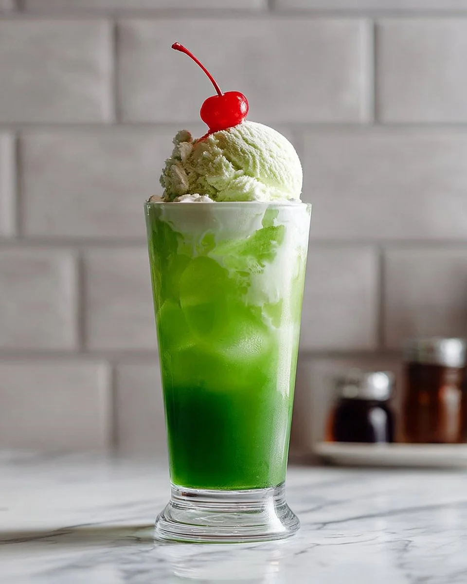 Delicious melon soda float topped with ice cream in a colorful glass