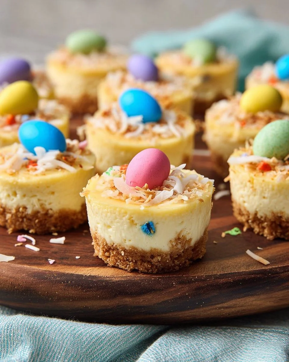 Mini Easter Cheesecakes topped with colorful decorations for festive celebrations.