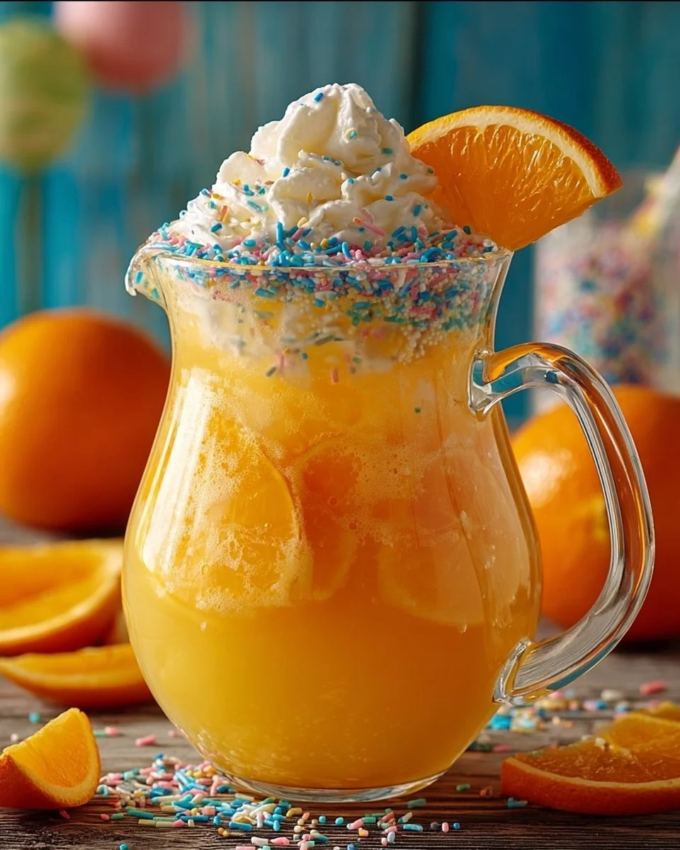 Orange Creamsicle Glow Punch in a glass garnished with orange slices