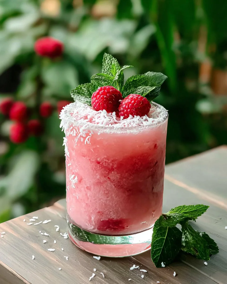Refreshing Raspberry Coconut Mojito cocktail with mint and lime.
