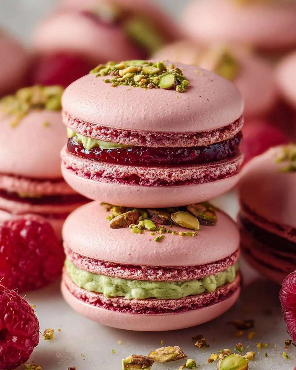 Raspberry Pistachio Parisian Macarons