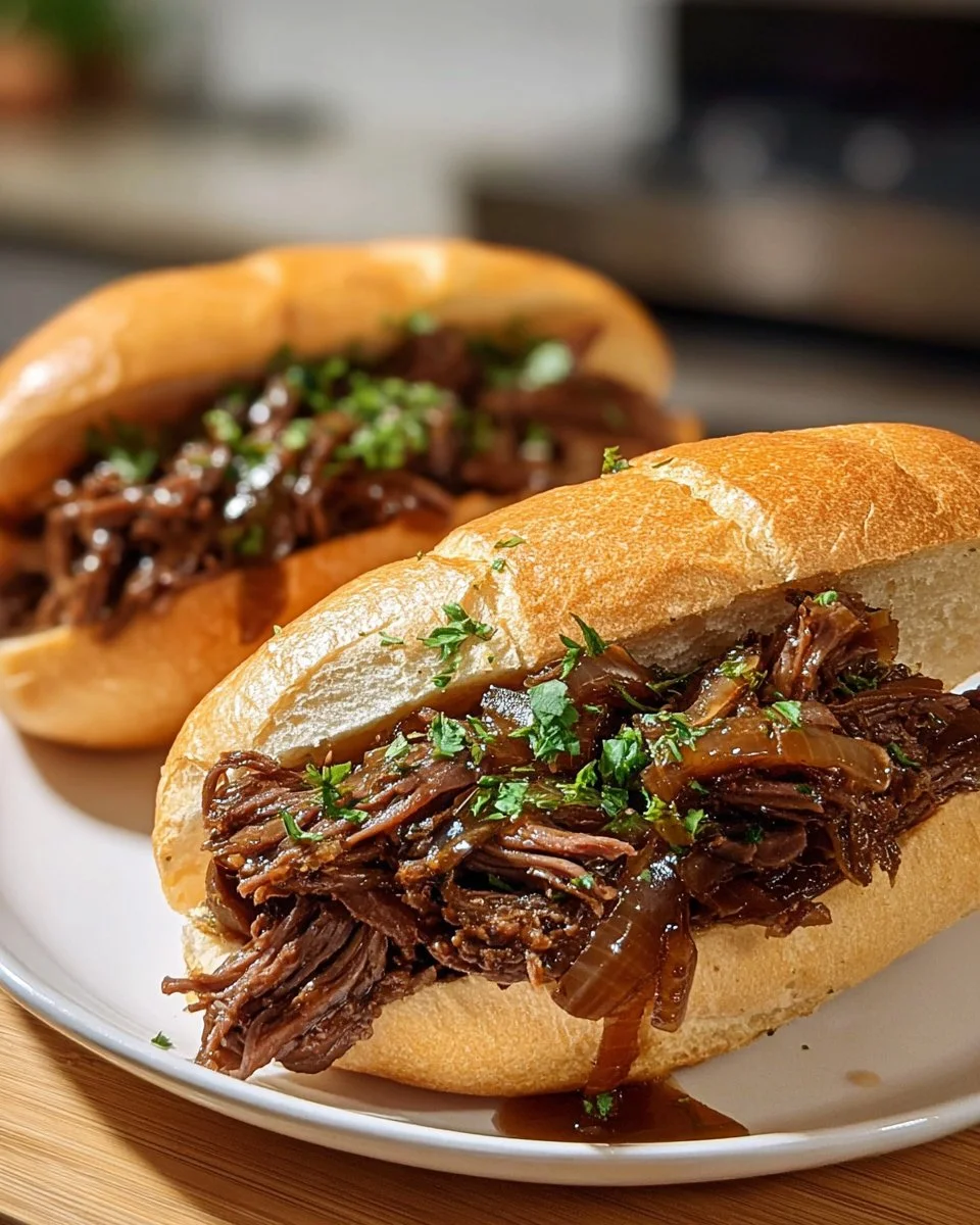 Slow cooker French dip sandwiches with tender beef and au jus