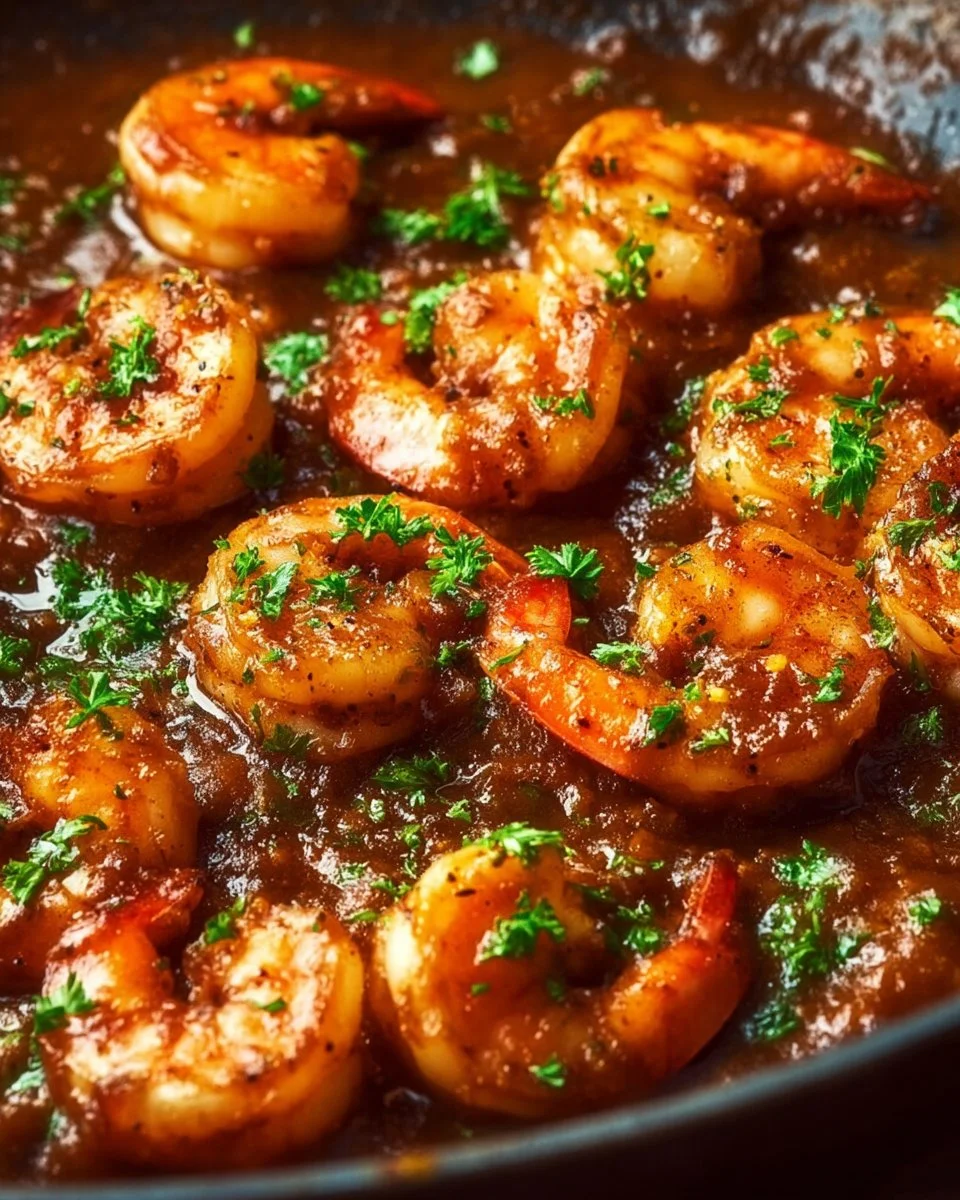 Delicious spicy New Orleans shrimp dish garnished with herbs