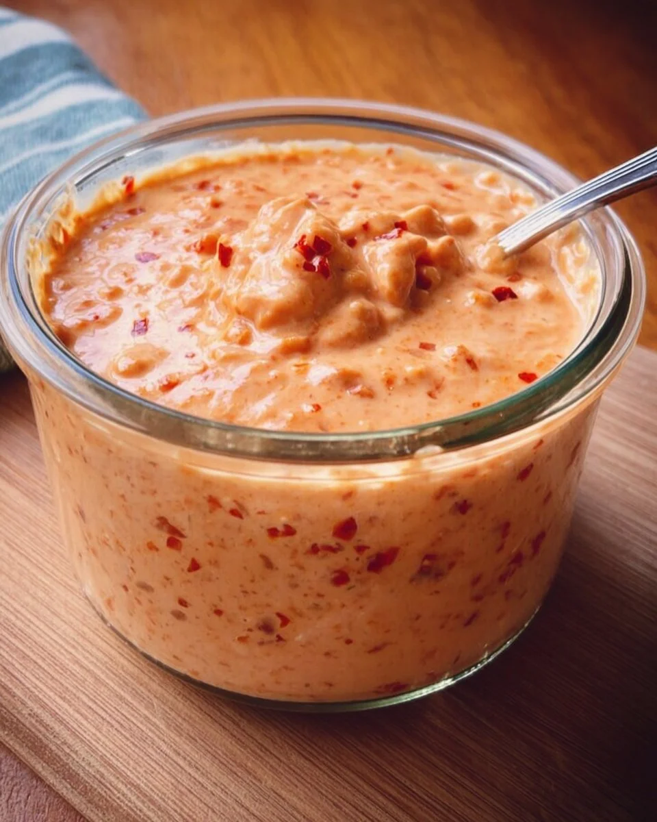 Spicy Sweet Chili Mayonnaise in a bowl with chili peppers and herbs