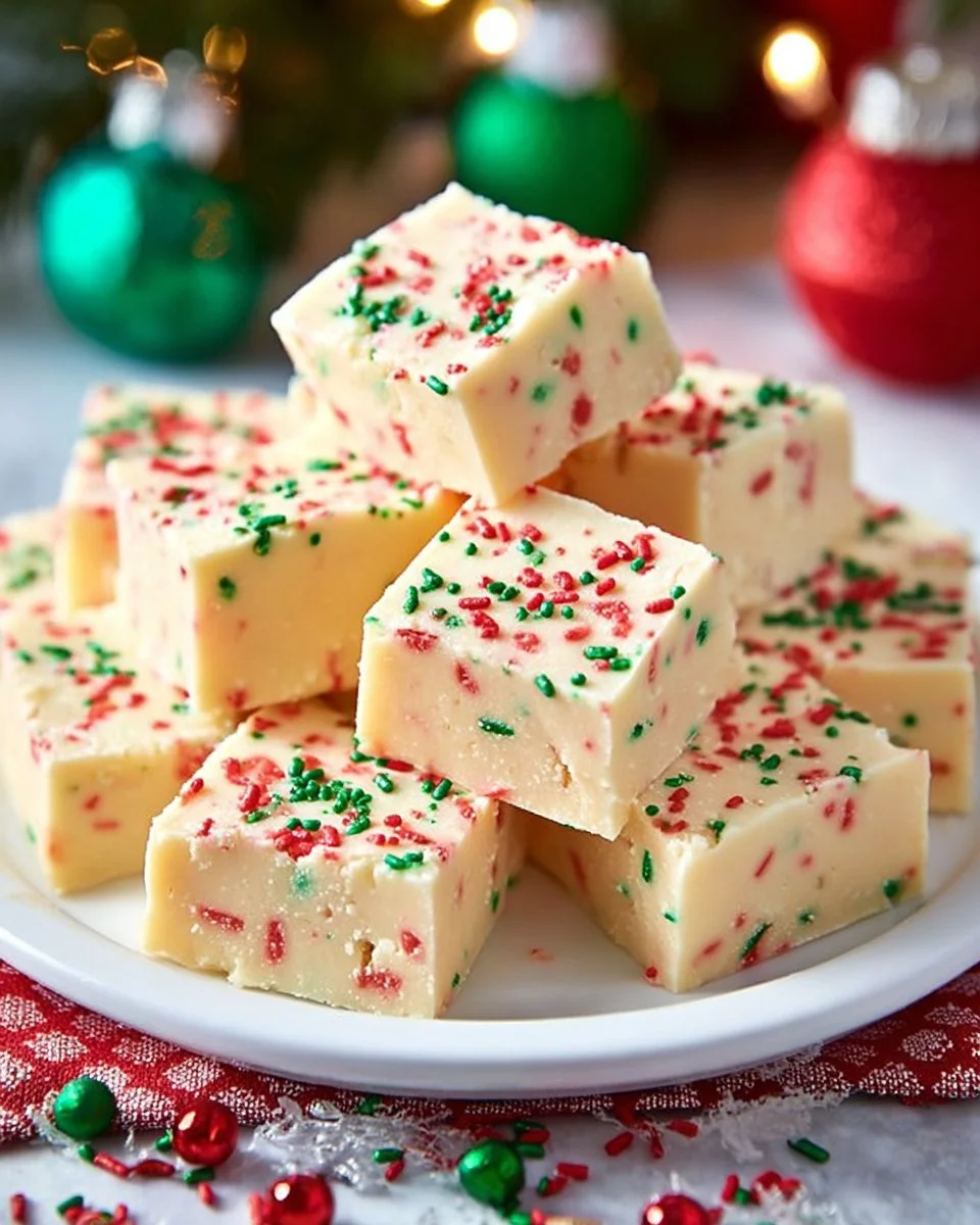 Delicious homemade sugar cookie fudge on a festive plate.
