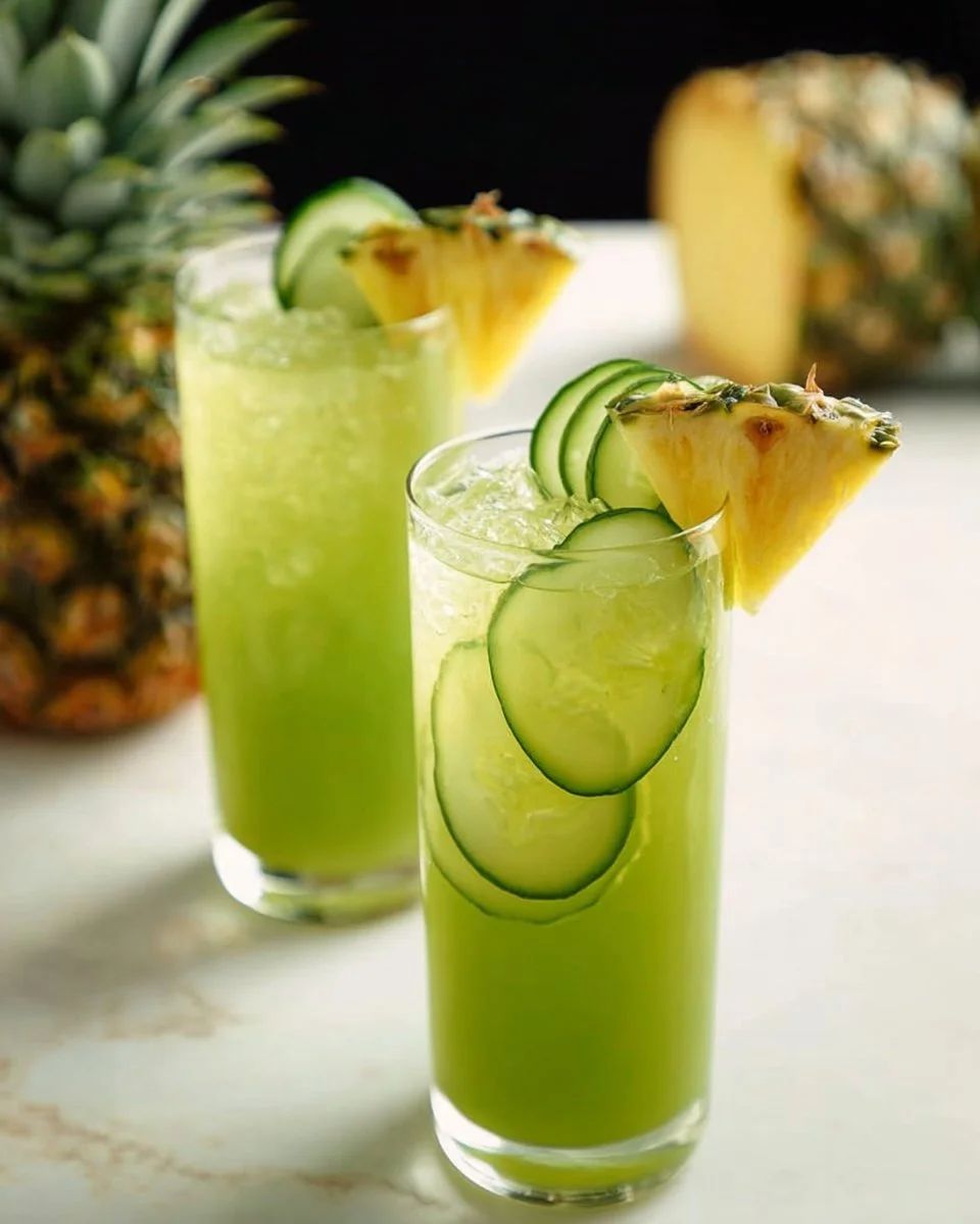 Refreshing sugar-free pineapple cucumber juice in a glass with fresh ingredients