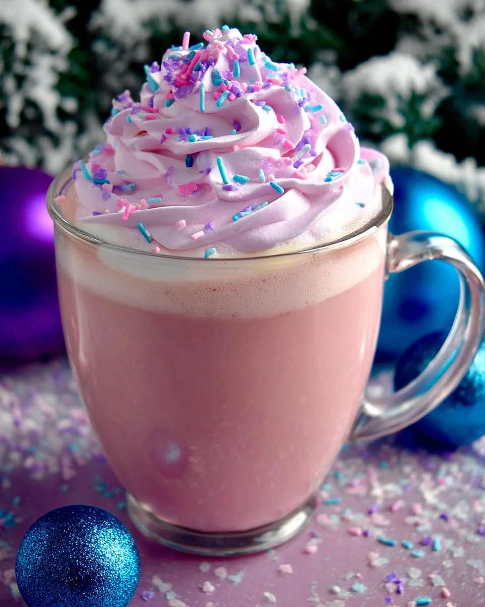 Sugar Plum White Hot Chocolate with Cotton Candy Whipped Cream!