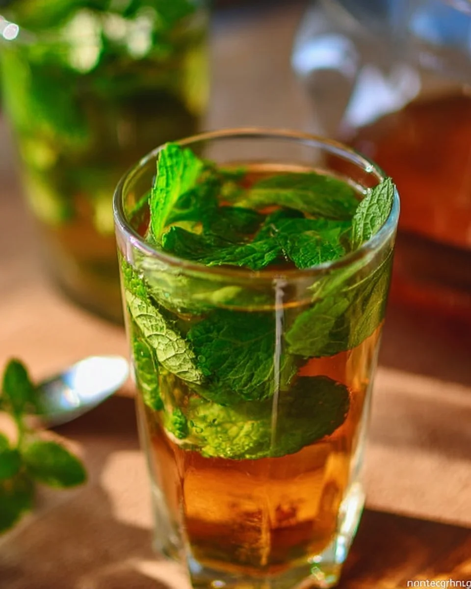 A refreshing cup of sweet Moroccan mint tea served with fresh mint leaves