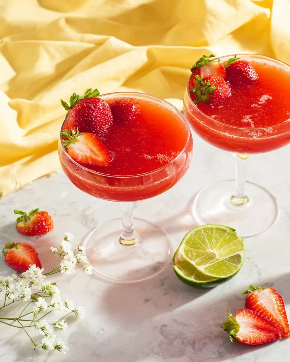 Delicious virgin strawberry daiquiri served in a glass with fresh strawberries