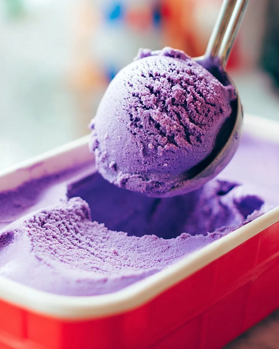 Delicious ube ice cream served in a bowl, showcasing its vibrant purple color.