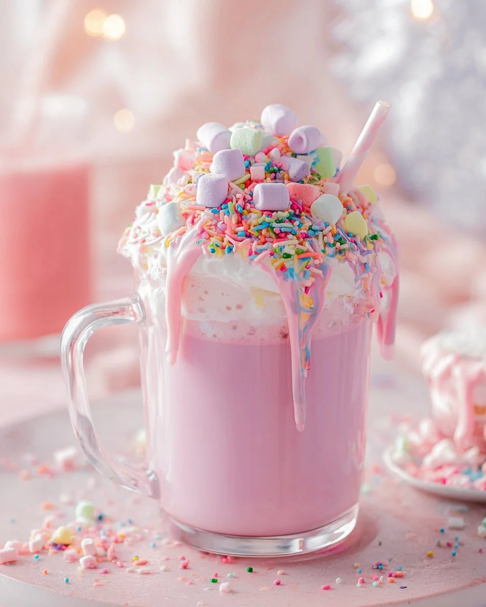 Colorful unicorn hot chocolate topped with whipped cream and sprinkles