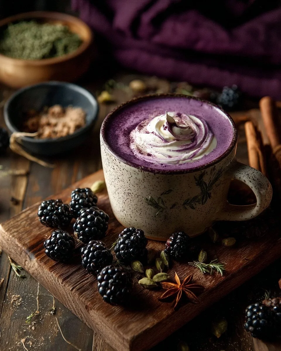 Delicious Blackberry Cardamom Oatmilk Latte in a stylish mug
