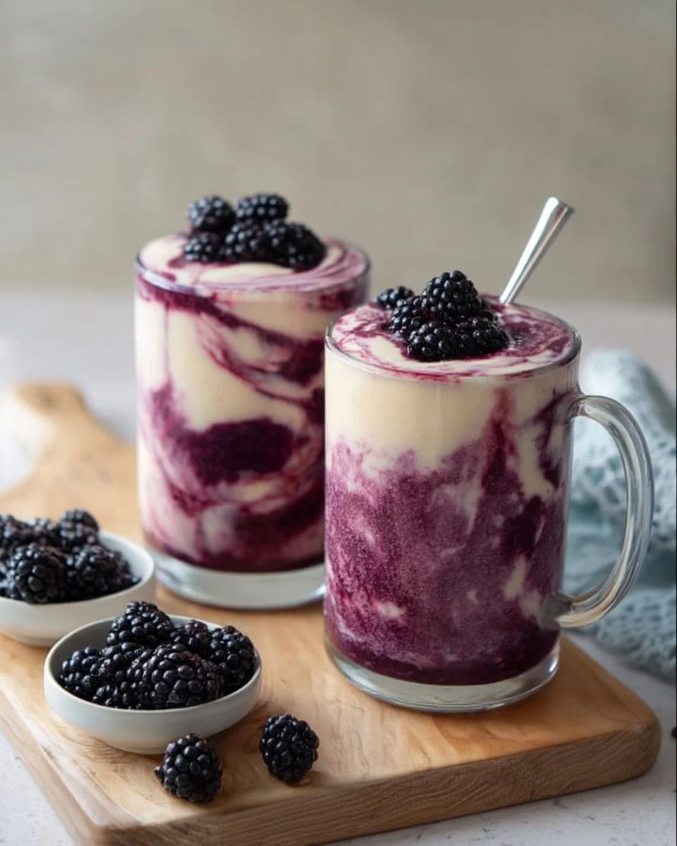 A delicious Blackberry Oat Milk Latte topped with fresh blackberries and oat milk.