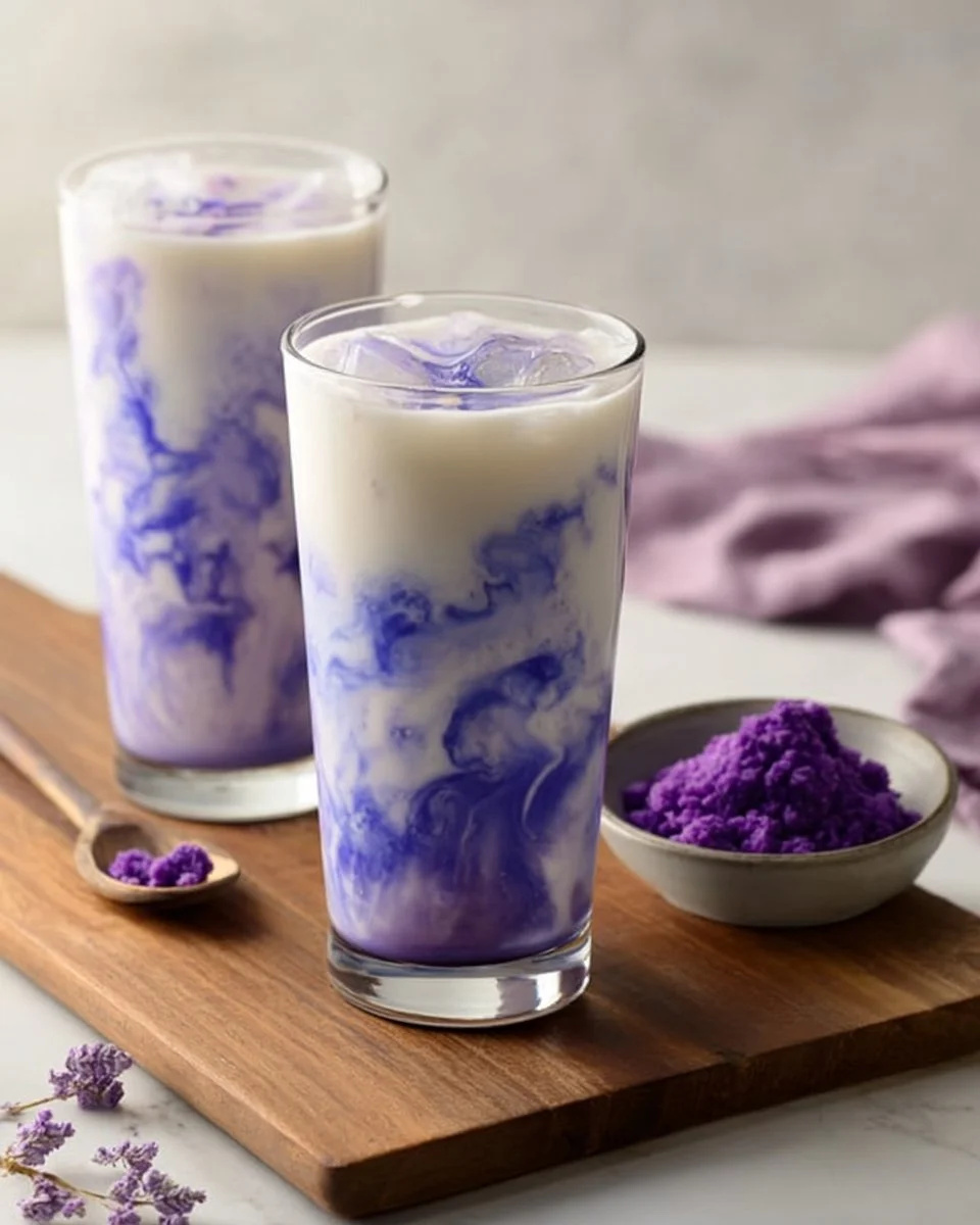 Refreshing Butterfly Pea Coconut drink with vibrant colors and coconut garnish.