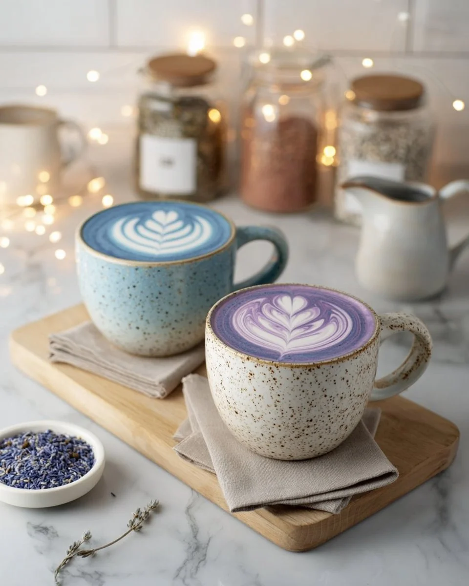 Butterfly Pea Vanilla Bean Latte served in a beautiful mug with vibrant colors.