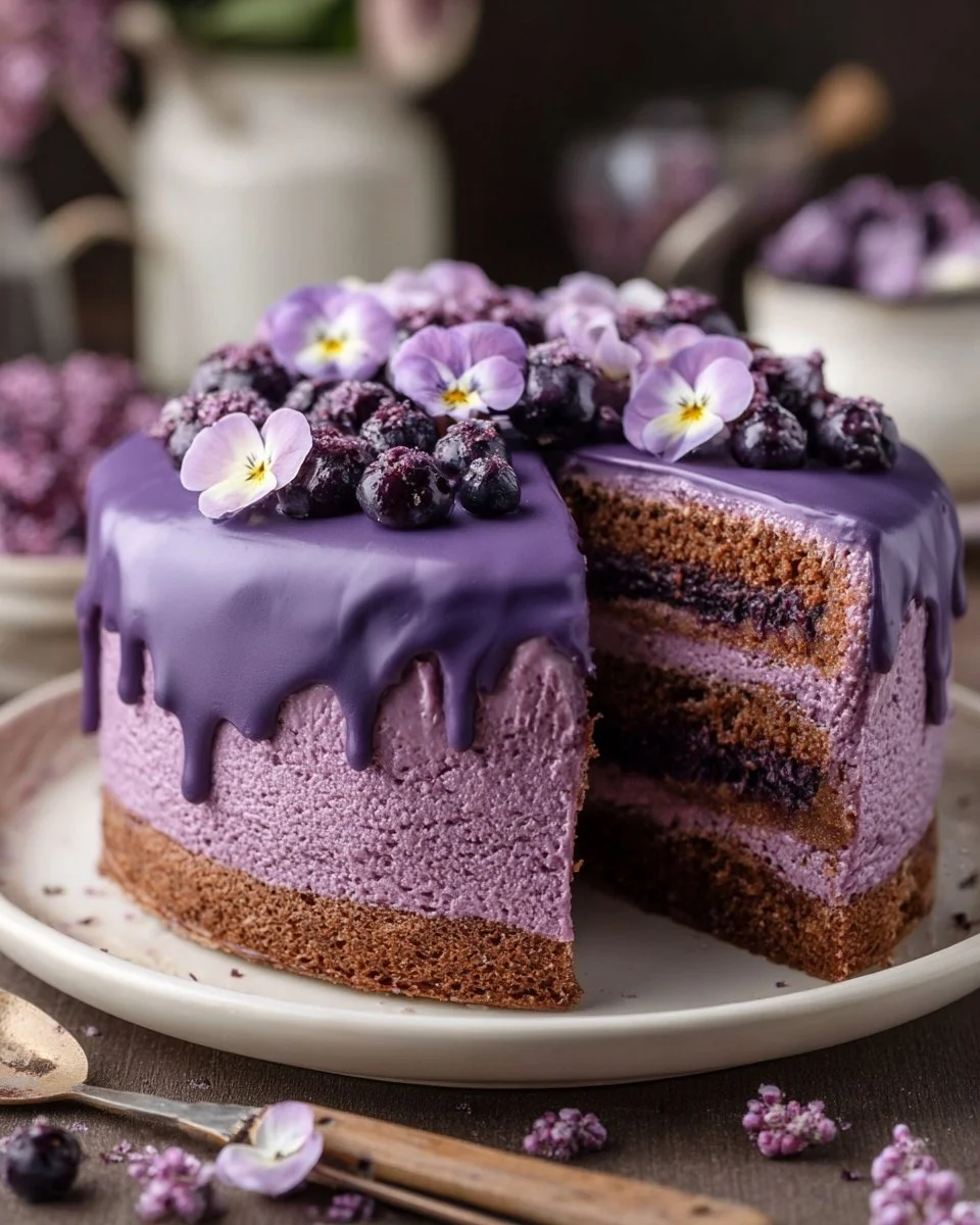 Chocolate Cake with Blueberry Frosting and Purple Ganache Drip