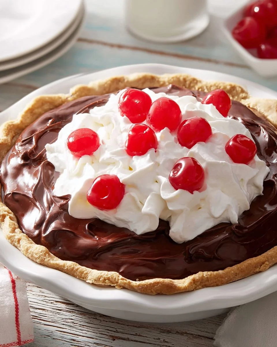 Slice of delicious Chocolate Cherry Pie with chocolate and cherry filling