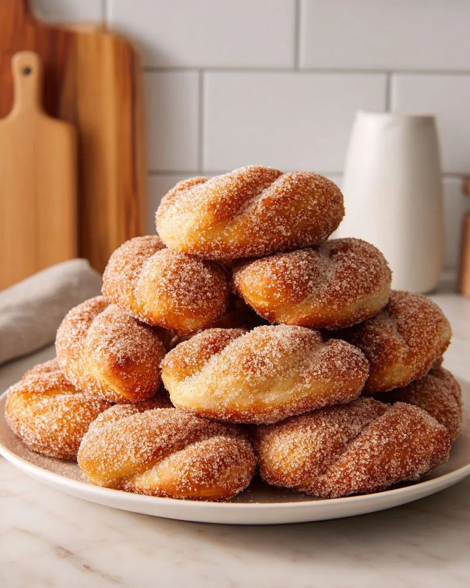 Freshly baked Cinnamon Sugar Twist Donuts with a sugary glaze