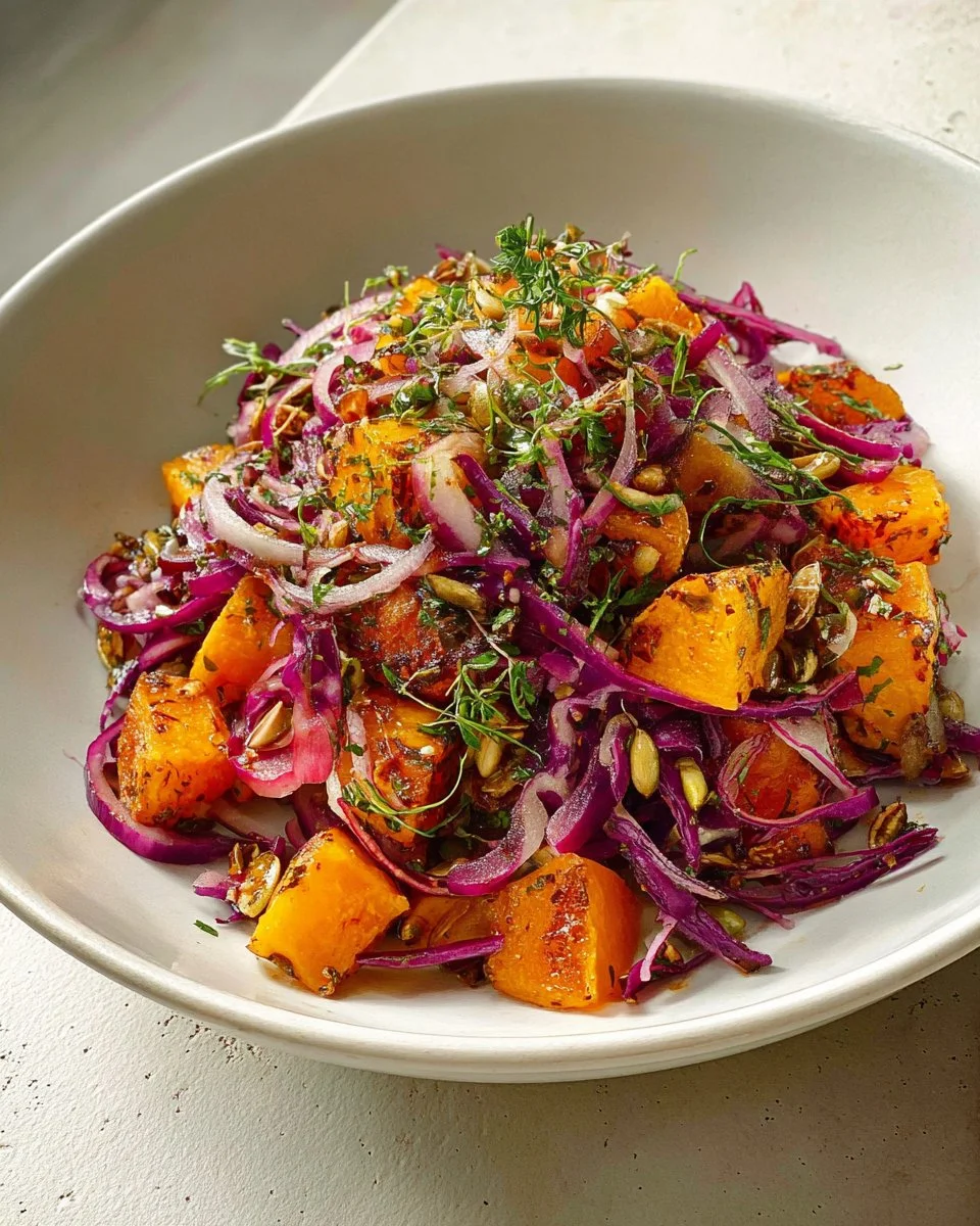 Crispy lentil and pumpkin salad with colorful veggies in a bowl