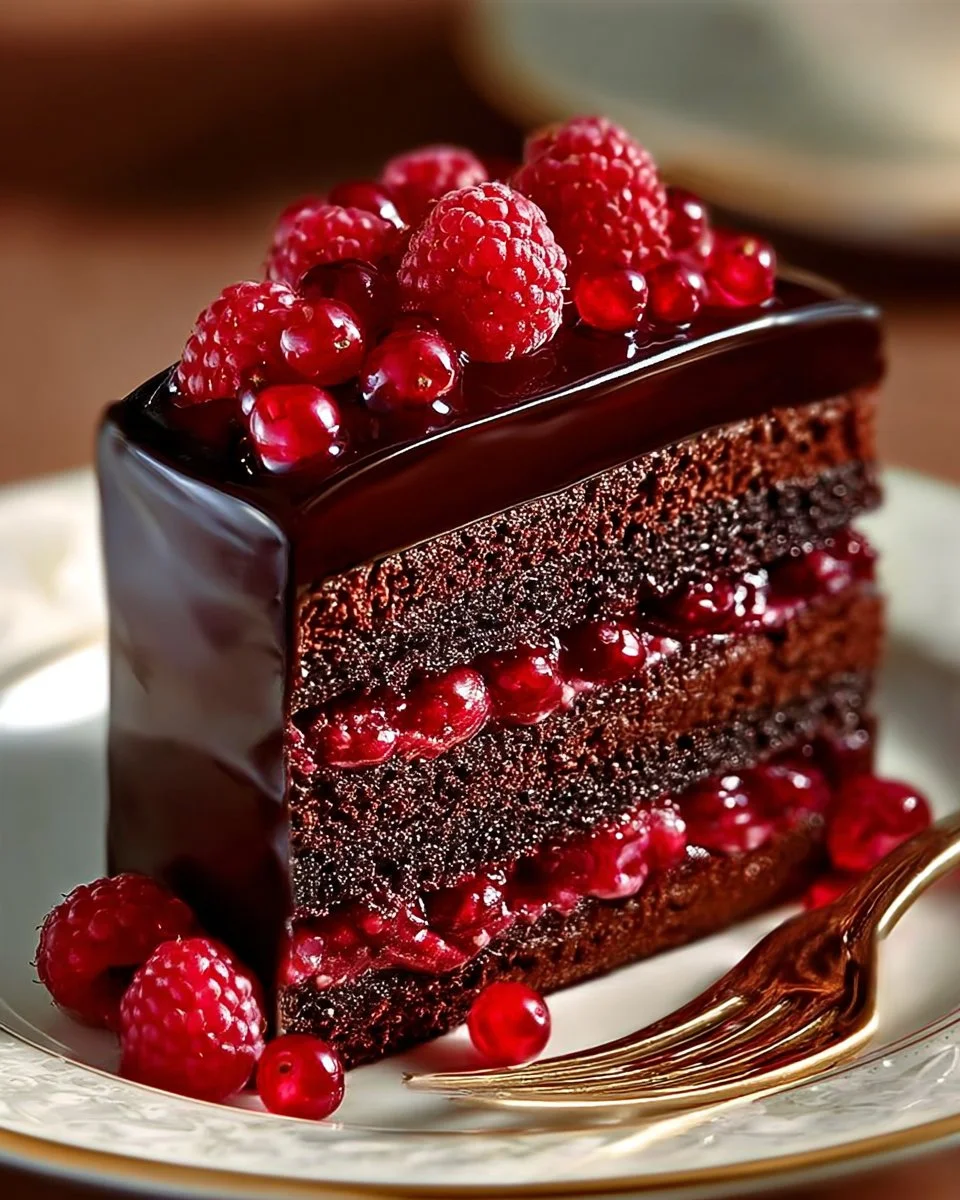 Delicious dark chocolate raspberry truffle cake served on a plate