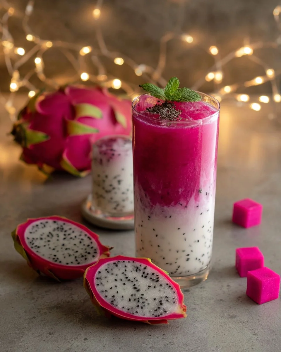 Cup of Dragon Fruit Tea Latte with fresh dragon fruit slices