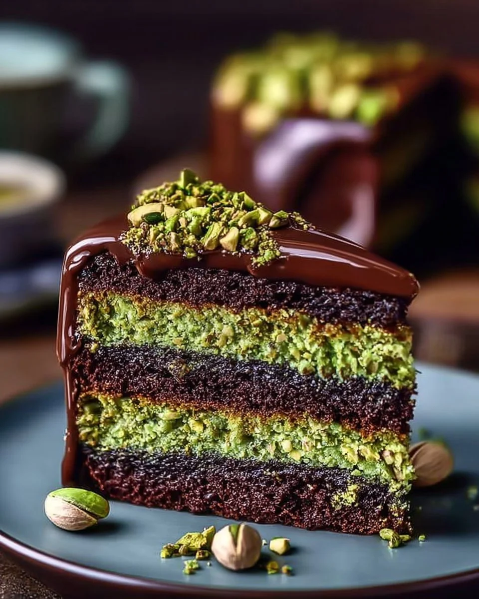 Delicious Dubai-style chocolate pistachio cake with rich chocolate and pistachio toppings.