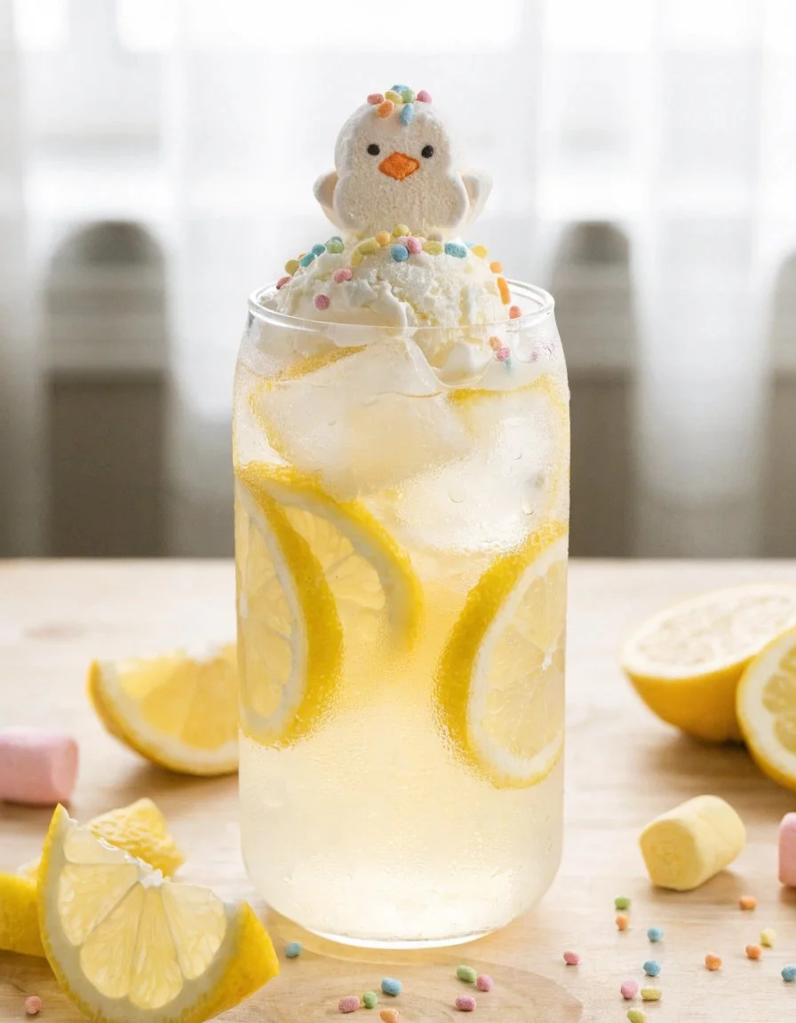 Easter Chick Lemonade in a colorful glass with a lemon slice and chick decoration