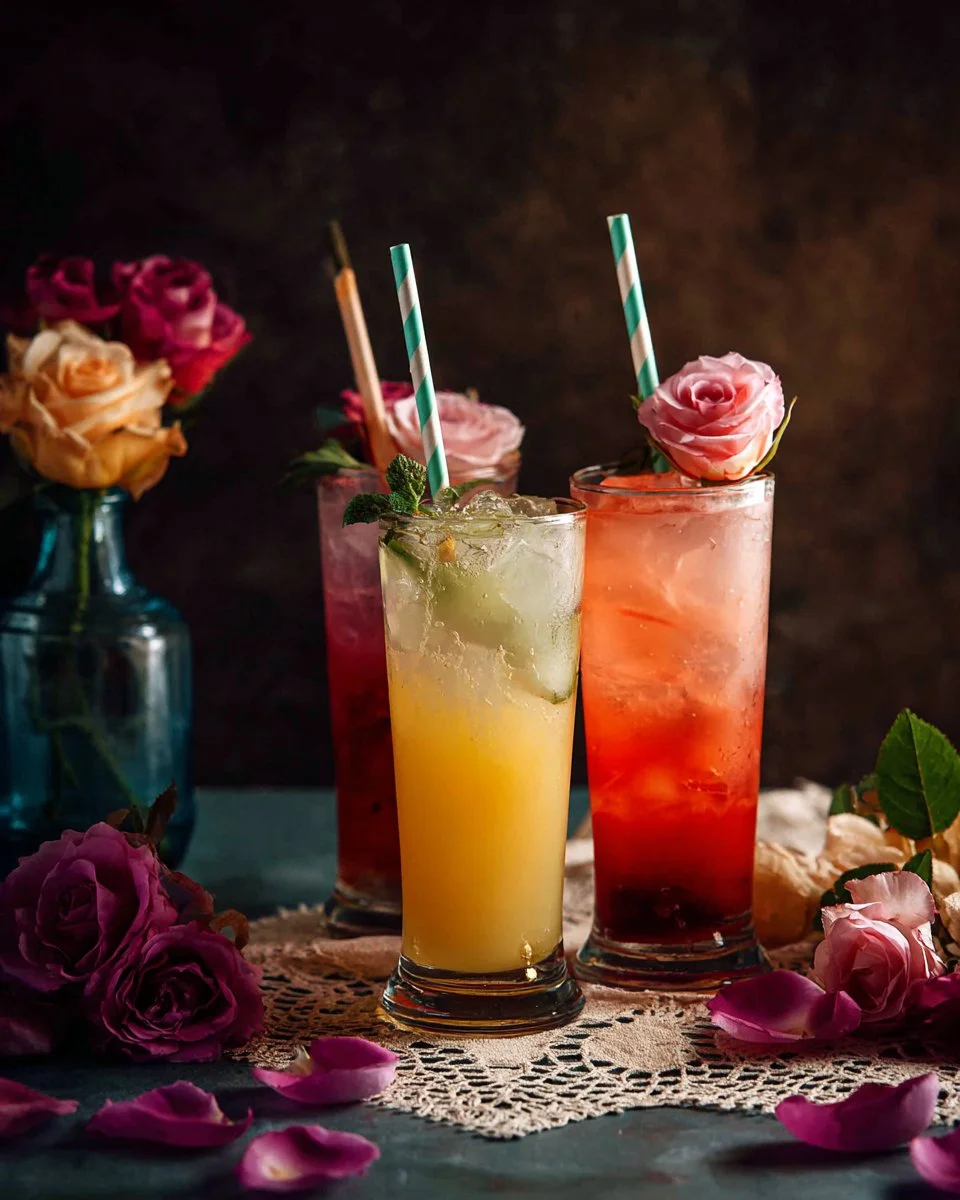 Floral Ginger Rose Fizz cocktail garnished with rose petals and lemon