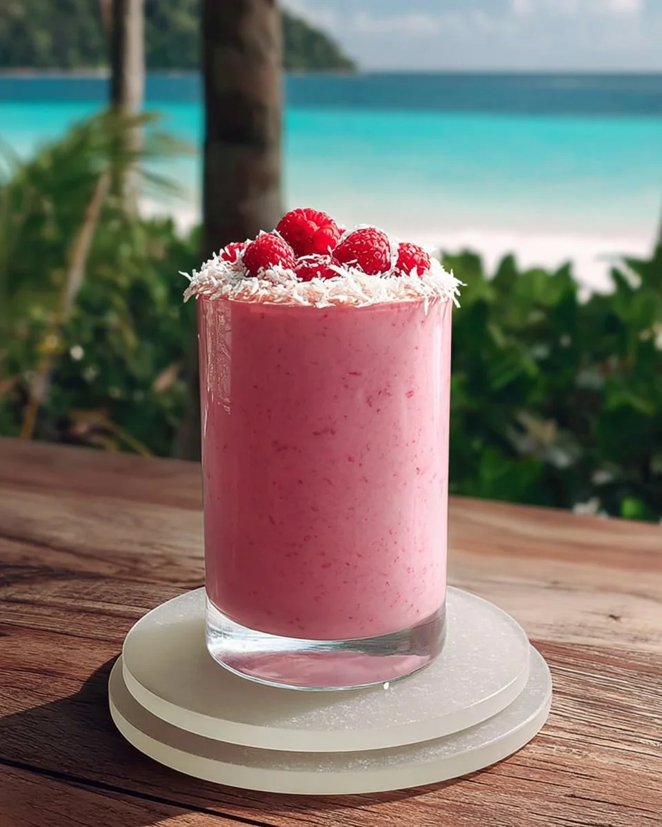 Frozen Raspberry Colada in a glass with raspberries and coconut garnish
