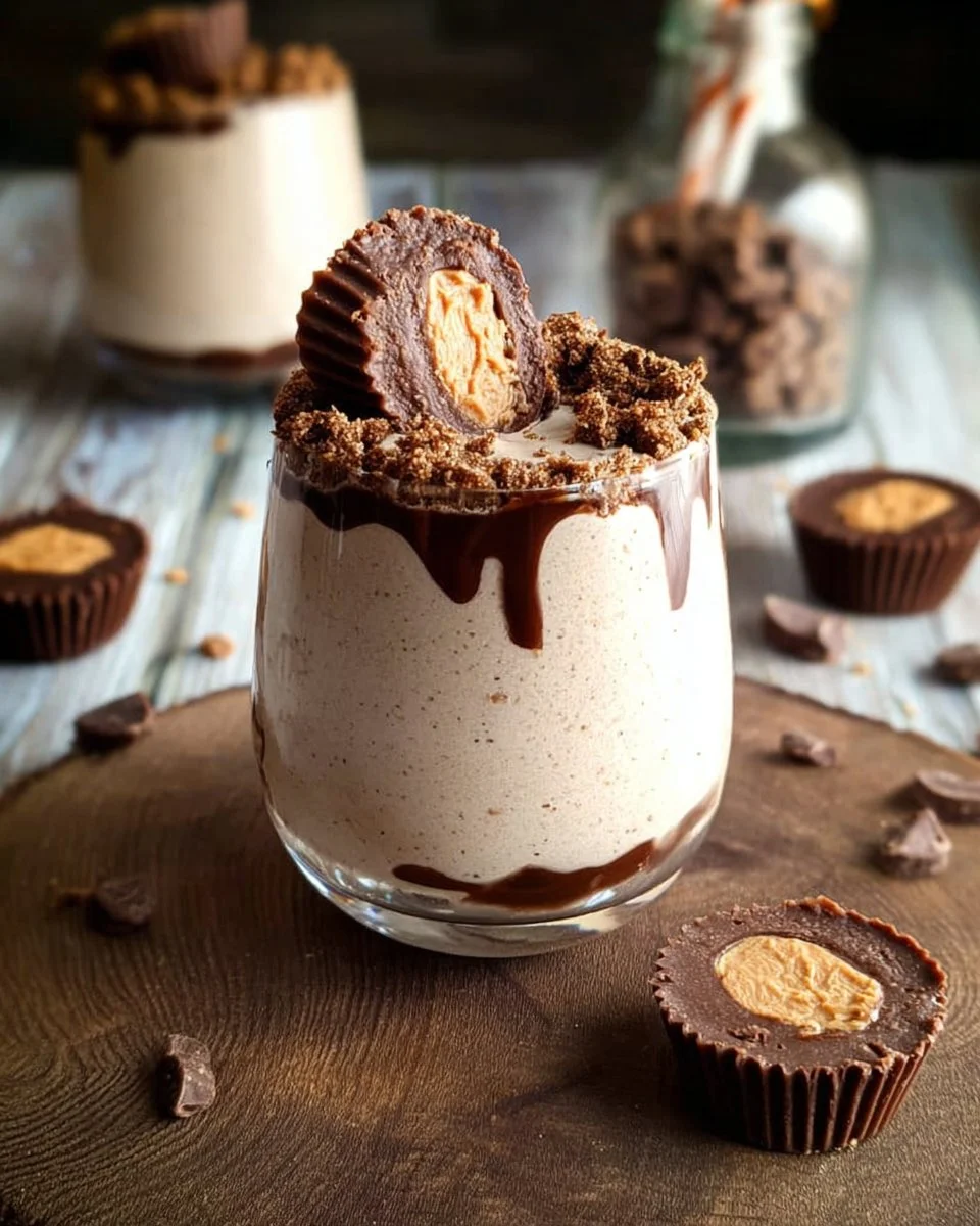 Frozen Reese’s Peanut Butter Cup Cocktail in a glass with whipped cream and chocolate drizzle