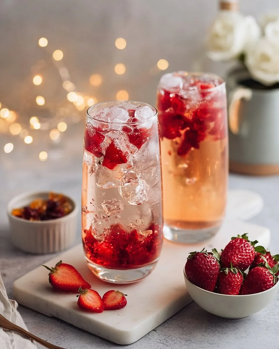 A refreshing cup of Hibiscus Strawberry Tea with fresh strawberries and hibiscus flowers.