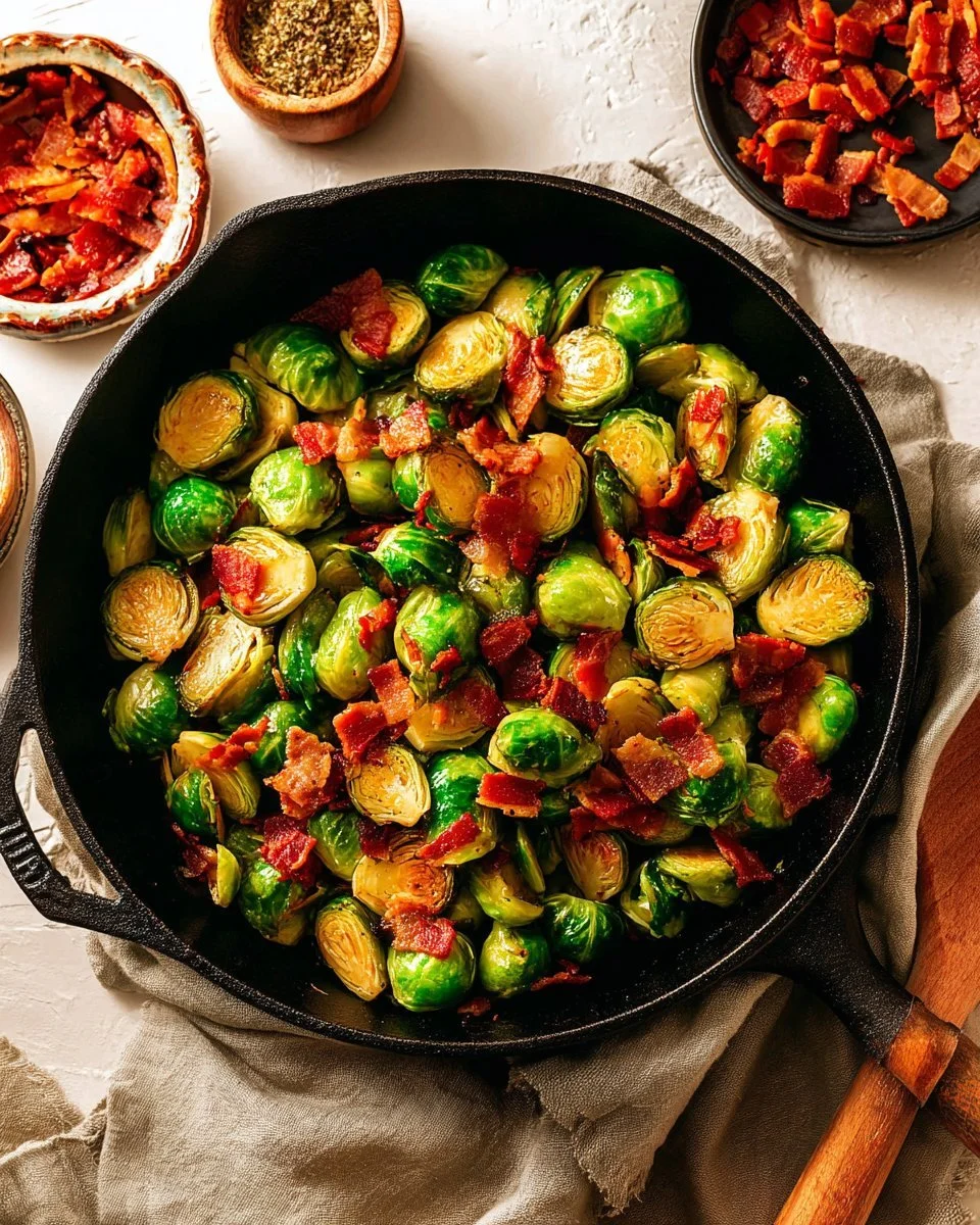 Honey Bacon Brussels Sprouts with crispy bacon and a drizzle of honey