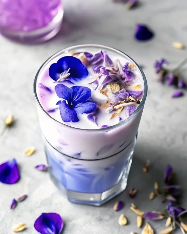 Iced Butterfly Pea Flower Tea latte with vibrant blue color and creamy texture