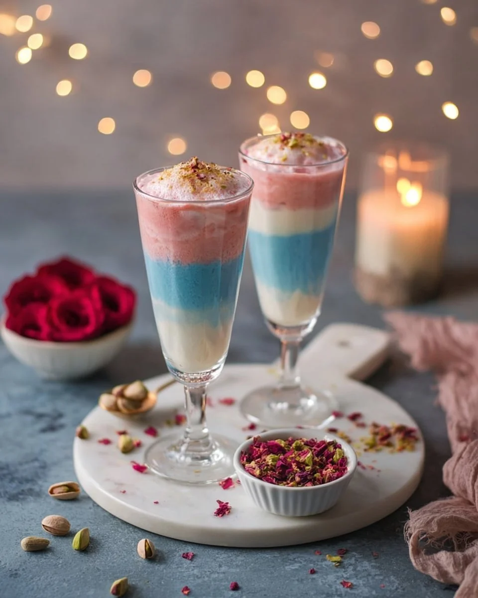 Iced butterfly pea and rose latte in a beautiful glass with floral decorations