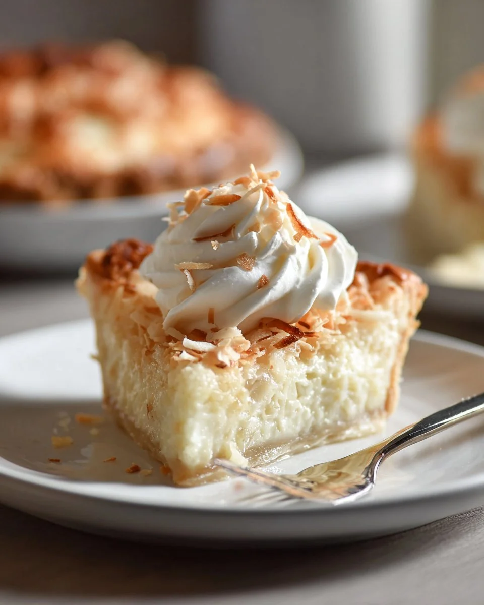 Delicious slice of Impossible Coconut Pie topped with coconut flakes.