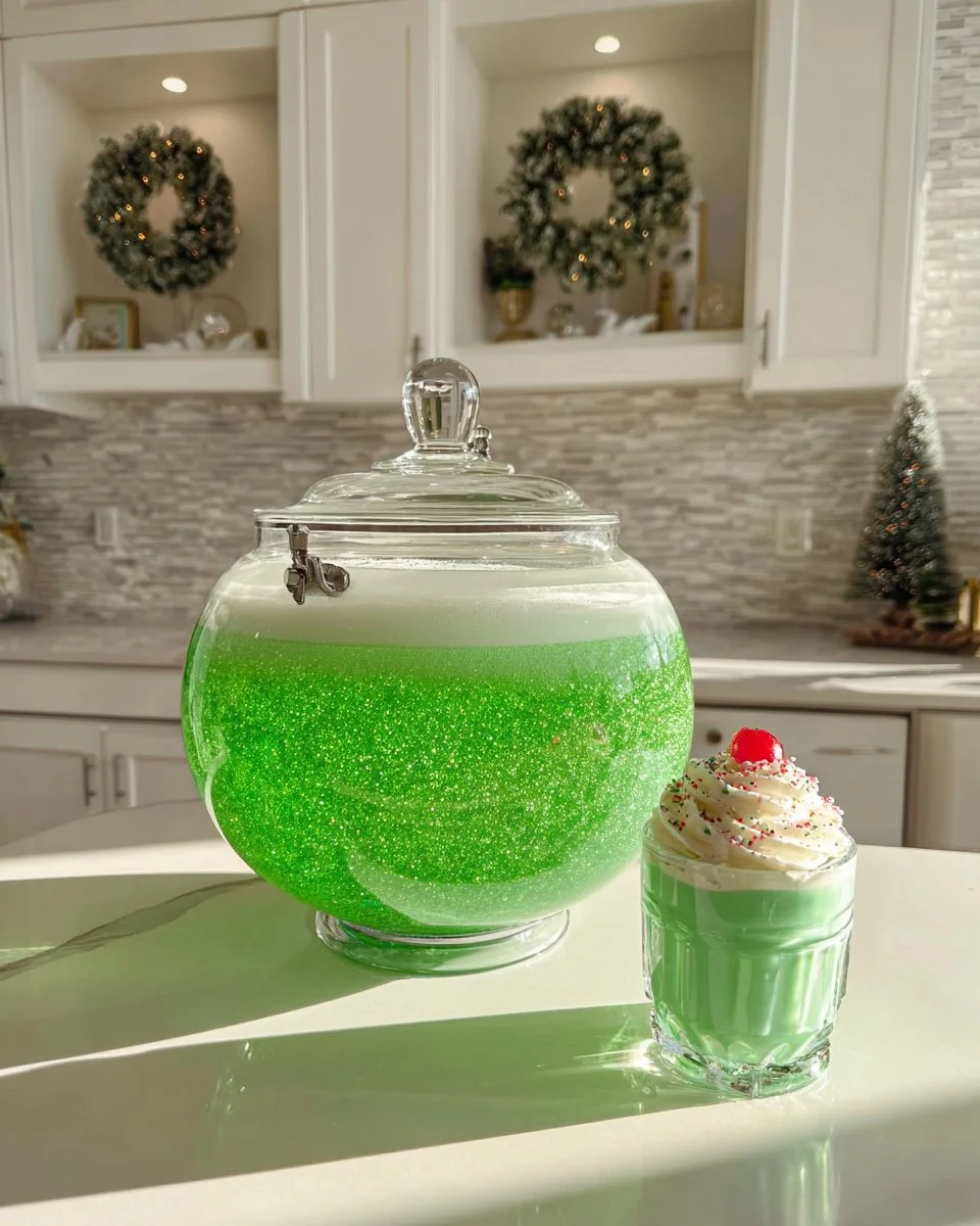 Kid Friendly Grinch Punch in a festive cup with Christmas decorations