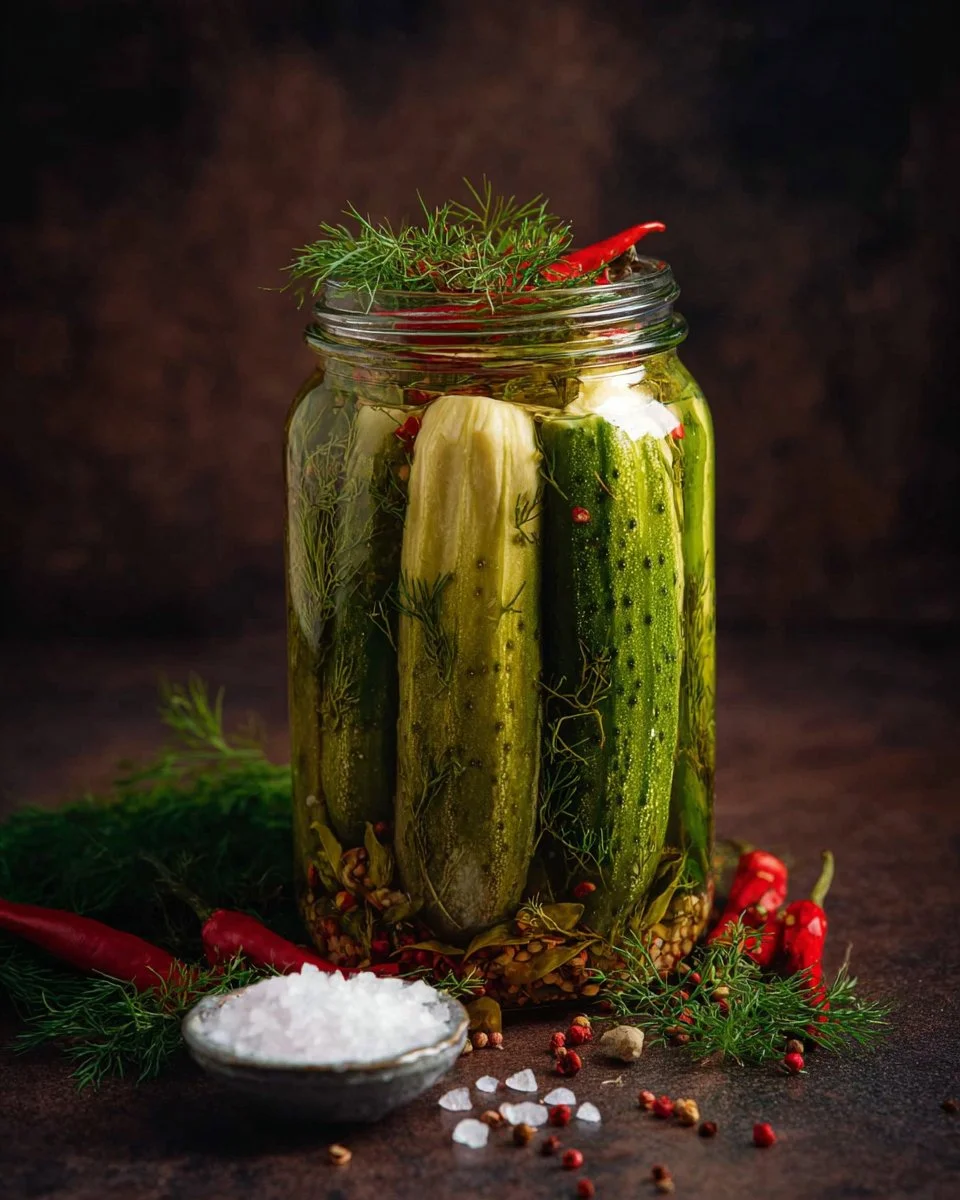 Jar of killer spicy garlic dill pickles with fresh garlic and dill herbs.