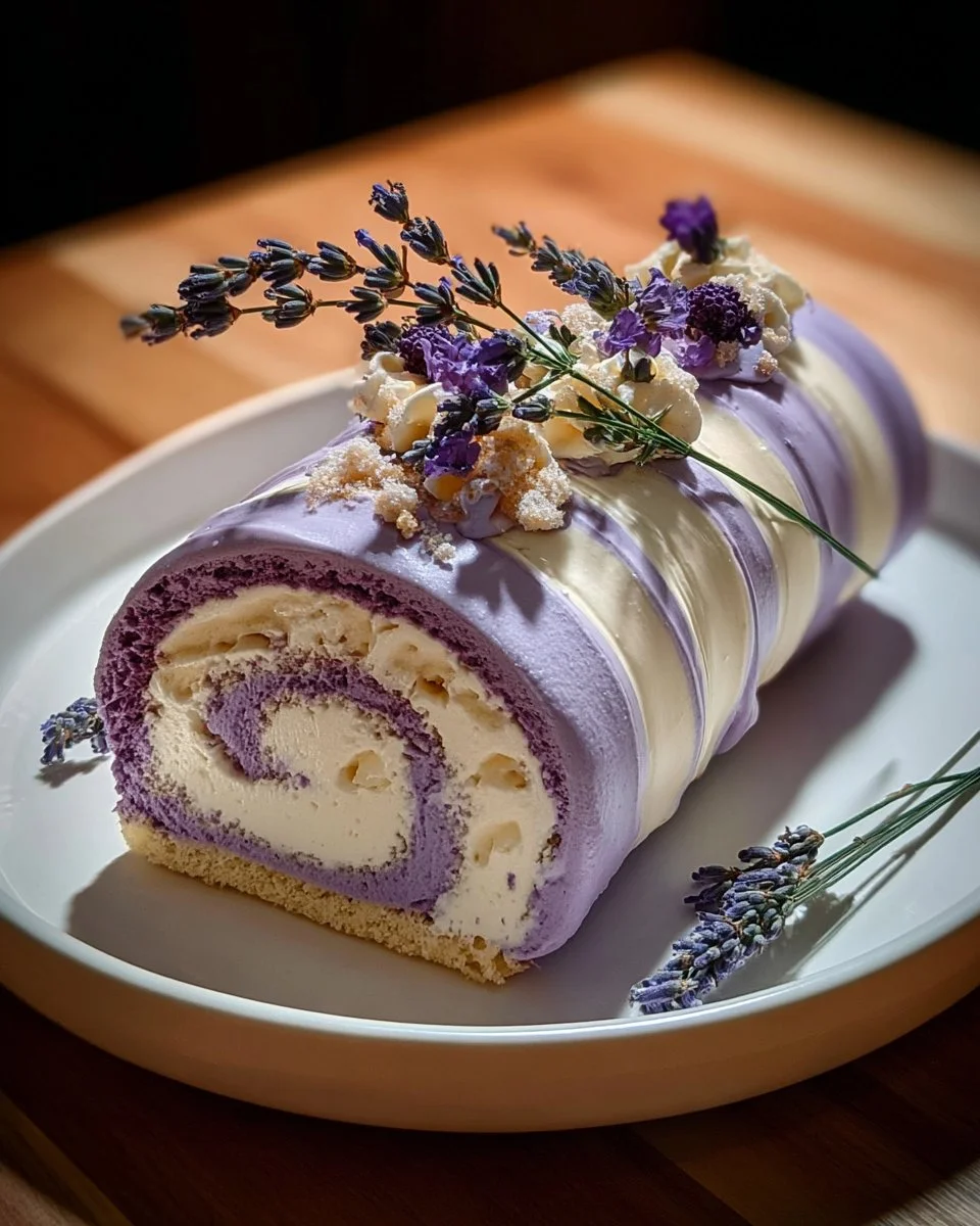 Lavender and Vanilla Ice Cream Roll served in a bowl with garnishes